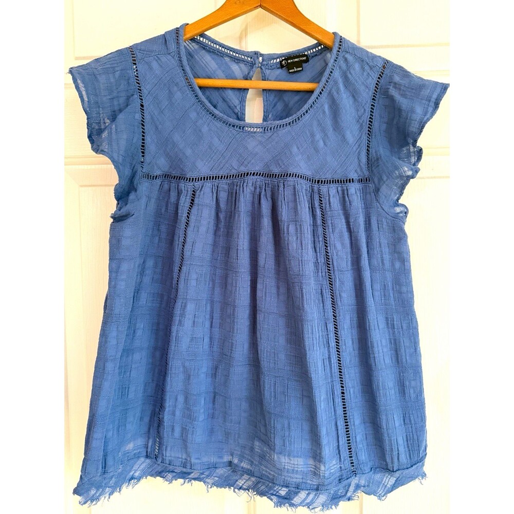 New Directions Blue Gauze 100% Cotton Flutter Sleeve Peasant Blouse Size L